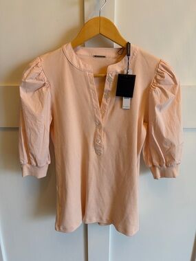 NWT New Elie Tahari Pale Peach Pink Puff Balloon Sleeve Henley Top Size Small